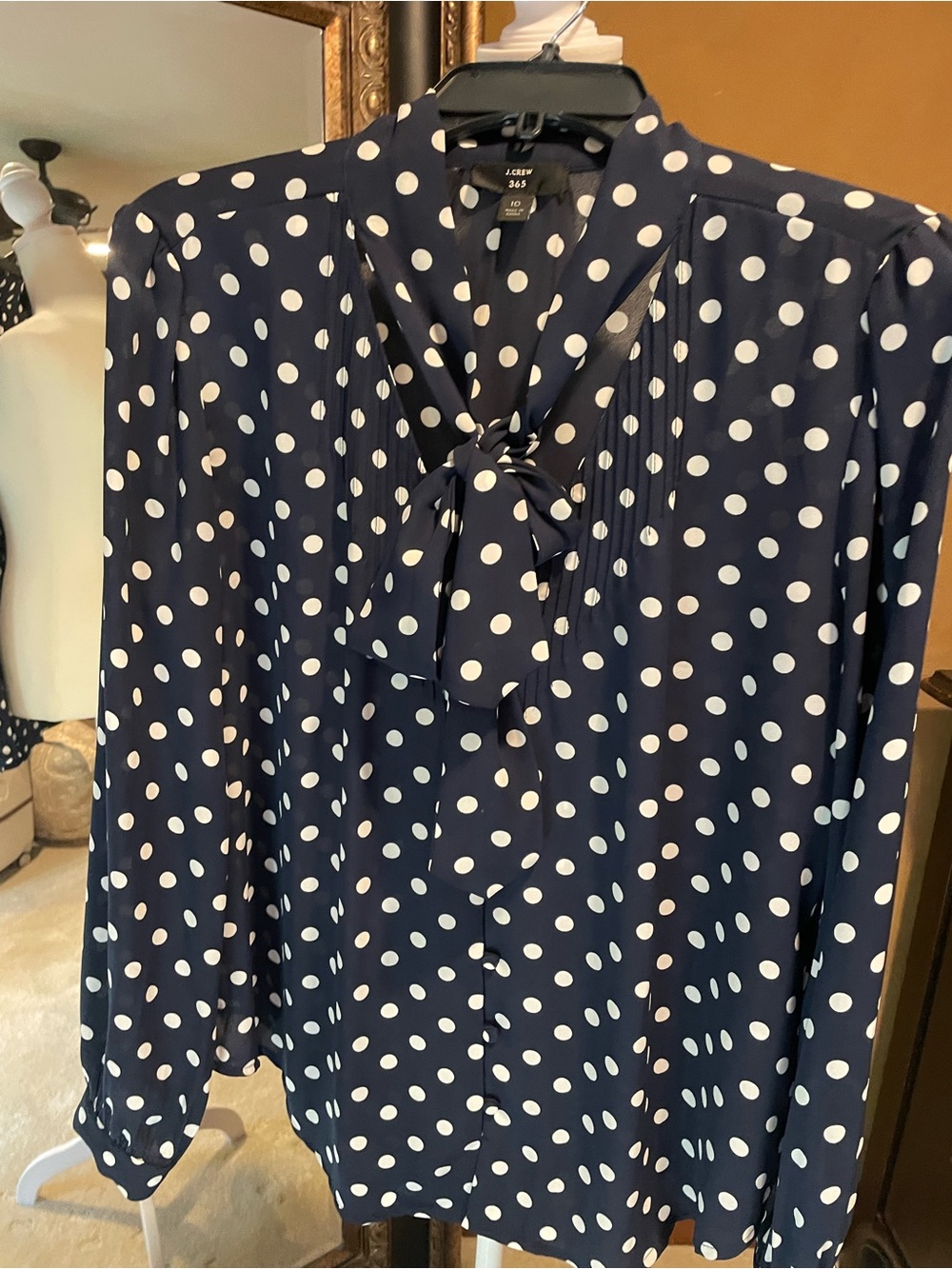 J. Crew Navy and White Polka Dot Tie-Neck Blouse